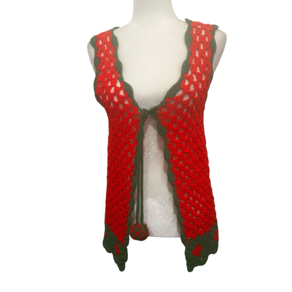 Christmas crochet vest red green size medium handmade holiday open stitch W/tie - Picture 4 of 11